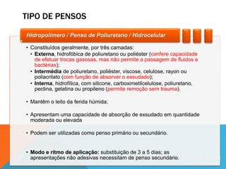 TIPO DE PENSOS
63
• Constituídos geralmente, por três camadas:
• Externa, hidrofóbica de poliuretano ou poliéster (confere capacidade
de efetuar trocas gasosas, mas não permite a passagem de fluidos e
bactérias);
• Intermédia de poliuretano, poliéster, viscose, celulose, rayon ou
poliacrilato (com função de absorver o exsudado);
• Interna, hidrofílica, com silicone, carboximetilcelulose, poliuretano,
pectina, gelatina ou propileno (permite remoção sem trauma).
• Mantêm o leito da ferida húmida;
• Apresentam uma capacidade de absorção de exsudado em quantidade
moderada ou elevada
• Podem ser utilizadas como penso primário ou secundário.
• Modo e ritmo de aplicação: substituição de 3 a 5 dias; as
apresentações não adesivas necessitam de penso secundário.
Hidropolimero / Penso de Poliuretano / Hidrocelular
 