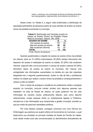 42


                     saúde, e resulta de uma combinação de fatores de distintas dimensões,
                     quer seja geográfica, organizacional, sócio-cultural e econômica [...].



        Desse modo, na Tabela 9, a seguir, está evidenciada a distribuição da
população participante da pesquisa quanto às suas opiniões de acesso ao exame
clínico da próstata encontrado no município.

                 Tabela 9. Distribuição dos Feirantes quanto ao
                acesso ao Exame Clínico da Próstata (Toque
                retal) no município. Jitaúna - BA, 2008.
                  ACESSO AO EXAME                    N     %
                    Tem acesso ao exame              03   20
                    Não tem acesso ao exame          09   60
                    Não souberam informar            03   20
                  TOTAL                               15 100
                  Fonte: Arquivo da pesquisa

        Quando questionados a respeito do acesso ao exame clínico da próstata
em Jitaúna, entre os 15 (100%) entrevistados, 09 (60%) destes informaram não
disporem de acesso à realização do exame na cidade, 03 (20%) não souberam
informar, segundo eles nunca procuraram o serviço de saúde e apenas 03 (20%)
afirmaram dispor de acesso ao exame no município. Daí nota-se uma
ambigüidade nas informações supracitadas na medida em que tais respostas
despertam-nos o seguinte questionamento: Existe ou não de fato o profissional
médico na cidade que realize o exame clínico da próstata e consequentemente o
acesso a este na cidade?
        Com o intuito de averiguar a existência do profissional médico urologista
atuando no município, procurei manter contato com algumas pessoas que
trabalham na área da Saúde de Jitaúna, as quais poderiam me dar esta
informação de maneira neutra, politicamente falando, pois como descrito
anteriormente, muitas pessoas direta ou indiretamente ligadas à Prefeitura,
recusam-se a dar informações que comprometa a gestão municipal, acredito eu
que por medo de possíveis represálias políticas.

        Por meio desses contatos, conseguir conversar com uma Técnica em
Enfermagem que pertence ao quadro efetivo de funcionários do município, a qual
desenvolve sua atividade na principal Unidade de Saúde da Família da cidade,
onde desde muitos anos são convencionados os atendimentos ambulatoriais da
 