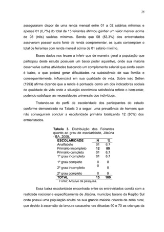 35



asseguraram dispor de uma renda mensal entre 01 a 02 salários mínimos e
apenas 01 (6,7%) do total de 15 feirantes afirmou ganhar um valor mensal acima
de 03 (três) salários mínimos. Sendo que 08 (53,3%) dos entrevistados
asseveram possuir outra fonte de renda complementar, os quais contemplam o
total de feirantes com renda mensal acima de 01 salário mínimo.

        Esses dados nos levam a inferir que de maneira geral a população que
participou deste estudo possuem um baixo poder aquisitivo, onde sua maioria
desenvolve outras atividades buscando um complemento salarial que ainda assim
é baixo, o que poderá gerar dificuldades na subsistência de sua família e
consequentemente, influenciará em sua qualidade de vida. Sobre isso Sétien
(1993) afirma dizendo que a renda é pontuada como um dos indicadores sociais
de qualidade de vida onde a situação econômica satisfatória reflete o bem-estar,
podendo satisfazer as necessidades universais dos indivíduos.

        Tratando-se do perfil de escolaridade dos participantes do estudo
conforme demonstrado na Tabela 3 a seguir, uma prevalência de homens que
não conseguiram concluir a escolaridade primária totalizando 12 (80%) dos
entrevistados.

                   Tabela 3. Distribuição dos Feirantes
                   quanto ao grau de escolaridade, Jitaúna
                   - BA, 2008.
                      ESCOLARIDADE            N       %
                      Analfabeto              01     6,7
                      Primário incompleto     12     80
                      Primário completo       01     6,7
                      1º grau incompleto      01     6,7
                      1º grau completo               0    0
                                                     0
                      2º grau incompleto                  0
                      2º grau completo            0       0
                      TOTAL                      15      100
                       Fonte: Arquivo da pesquisa.

        Essa baixa escolaridade encontrada entre os entrevistados condiz com a
realidade nacional e especificamente de Jitaúna, município baiano da Região Sul
onde possui uma população adulta na sua grande maioria oriunda da zona rural,
que devido à ascensão da lavoura cacaueira nas décadas 60 e 70 as crianças da
 