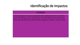 Identificação de Impactos
Analogia
Um homem de 90 anos vai ao médico:
- Sr. Doutor, a minha mulher de 18 anos está à espera de bebê.
O médico replica:
- Deixe-me contar-lhe uma história. Um homem foi caçar mas, em vez de uma
espingarda, pegou num guarda chuva por engano. De repente, quando foi
atacado por um urso, pegou no guarda chuva, disparou contra o animal e
matou-o.
- Impossível - disse o homem. - Foi outra pessoa que matou o urso.
- É precisamente onde quero chegar! - Declarou o médico.
A Analogia baseia-se numa comparação entre objetos diferentes e infere de
certas semelhanças outras semelhanças. Parte da idéia de que se diferentes
coisas são semelhantes em determinados aspectos, também o serão noutros.
 
