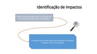 Identificação de Impactos
Efeitos Ambientais observados ou medidos em
casos de empreendimentos semelhantes...
Fornecem uma primeira pista para identificar os possíveis
impactos de um novo projeto
 