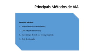 Principais Métodos de AIA
Principais Métodos:
1. Método Ad Hoc (ou espontâneo);
2. Chek list (lista de controle);
3. Superposição de carta (ou overlay mapping);
4. Rede de interação.
 