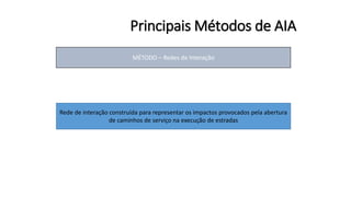 Principais Métodos de AIA
MÉTODO – Redes de Interação
Rede de interação construída para representar os impactos provocados pela abertura
de caminhos de serviço na execução de estradas
 