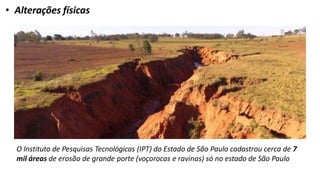 O Instituto de Pesquisas Tecnológicas (IPT) do Estado de São Paulo cadastrou cerca de 7
mil áreas de erosão de grande porte (voçorocas e ravinas) só no estado de São Paulo
• Alterações físicas
 