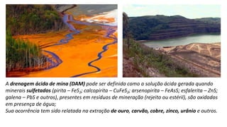 A drenagem ácida de mina (DAM) pode ser definida como a solução ácida gerada quando
minerais sulfetados (pirita – FeS2; calcopirita – CuFeS2; arsenopirita – FeAsS; esfalerita – ZnS;
galena – PbS e outros), presentes em resíduos de mineração (rejeito ou estéril), são oxidados
em presença de água;
Sua ocorrência tem sido relatada na extração de ouro, carvão, cobre, zinco, urânio e outros.
 