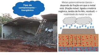 Tipo de
contaminante -
inorgânico
NA
Metais potencialmente tóxicos –
depende da fração em que o metal
está (fração móvel, ligada a matéria
orgânica, óxidos de Fe-Mn, residual) ->
mobilidade do metal no solo
 