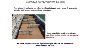 Água superficial sendo tratada em
uma ETA, após a adição de um agente
floculante
AS ETAPAS DO TRATAMENTO DA ÁGUA
Esta etapa é realizada em câmaras (floculadores) onde água é levemente
agitada, facilitando a aglutinação de impurezas
 Parte da purificação da água ocorre por meio de um processo de
“transferência de fase”
 