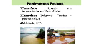 Parâmetros Físicos
Importância Natural: sem
inconvenientes sanitários diretos.
Importância Industrial: Toxidez e
patogenicidade
Utilização: ETA
 
