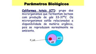 Parâmetros Biológicos
Coliformes totais (CT): grupo dos
microrganismos que fermentam lactose
com produção de gás 33-37ºC. Os
microrganismos estão relacionados a
disponibilidade de matéria orgânica,
pois se reproduzem normalmente no
ambiente.
 