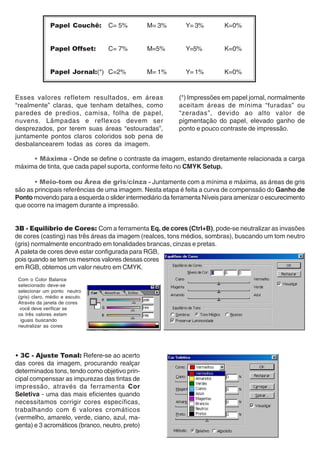 Papel Couchê:      C= 5%          M= 3%      Y= 3%         K=0%


               Papel Offset:      C= 7%          M=5%       Y=5%          K=0%


               Papel Jornal:(*) C=2%             M= 1%      Y= 1%         K=0%


Esses valores refletem resultados, em áreas               (*) Impressões em papel jornal, normalmente
“realmente” claras, que tenham detalhes, como             aceitam áreas de mínima “furadas” ou
paredes de predios, camisa, folha de papel,               “zeradas”, devido ao alto valor de
nuvens. Lâmpadas e reflexos devem ser                     pigmentação do papel, elevado ganho de
desprezados, por terem suas áreas “estouradas”,           ponto e pouco contraste de impressão.
juntamente pontos claros coloridos sob pena de
desbalancearem todas as cores da imagem.

     • Máxima - Onde se define o contraste da imagem, estando diretamente relacionada a carga
máxima de tinta, que cada papel suporta, conforme feito no CMYK Setup.

       • Meio-tom ou Área de gris/cinza - Juntamente com a mínima e máxima, as áreas de gris
são as principais referências de uma imagem. Nesta etapa é feita a curva de compenssão do Ganho de
Ponto movendo para a esquerda o slider intermediário da ferramenta Níveis para amenizar o escurecimento
que ocorre na imagem durante a impressão.


3B - Equilíbrio de Cores: Com a ferramenta Eq. de cores (Ctrl+B), pode-se neutralizar as invasões
de cores (casting) nas três áreas da imagem (realces, tons médios, sombras), buscando um tom neutro
(gris) normalmente encontrado em tonalidades brancas, cinzas e pretas.
A paleta de cores deve estar configurada para RGB,
pois quando se tem os mesmos valores dessas cores
em RGB, obtemos um valor neutro em CMYK.
 Com o Color Balance
 selecionado deve-se
 selecionar um ponto neutro
 (gris) claro, médio e escuto.
 Através da janela de cores
  você deve verificar se
 os três valores estam
  iguais buscando
 neutralizar as cores




• 3C - Ajuste Tonal: Refere-se ao acerto
das cores da imagem, procurando realçar
determinados tons, tendo como objetivo prin-
cipal compenssar as impurezas das tintas de
impressão, através da ferramenta Cor
Seletiva - uma das mais eficientes quando
necessitamos corrigir cores específicas,
trabalhando com 6 valores cromáticos
(vermelho, amarelo, verde, ciano, azul, ma-
genta) e 3 acromáticos (branco, neutro, preto)
 