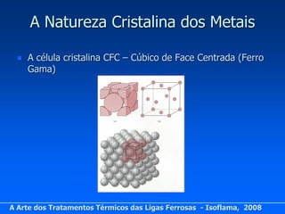 A Natureza Cristalina dos Metais

     A célula cristalina CFC – Cúbico de Face Centrada (Ferro
      Gama)




A Arte dos Tratamentos Térmicos das Ligas Ferrosas - Isoflama, 2008
 