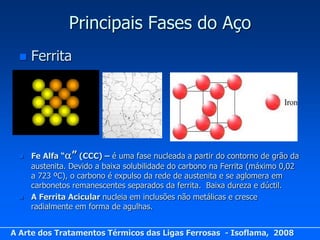 Principais Fases do Aço
     Ferrita




     Fe Alfa “” (CCC) – é uma fase nucleada a partir do contorno de grão da
      austenita. Devido a baixa solubilidade do carbono na Ferrita (máximo 0,02
      a 723 ºC), o carbono é expulso da rede de austenita e se aglomera em
      carbonetos remanescentes separados da ferrita. Baixa dureza e dúctil.
     A Ferrita Acicular nucleia em inclusões não metálicas e cresce
      radialmente em forma de agulhas.


A Arte dos Tratamentos Térmicos das Ligas Ferrosas - Isoflama, 2008
 