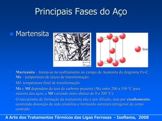 Principais Fases do Aço

     Martensita




     Martensita – forma-se no resfriamento no campo da Austenita do diagrama Fe-C.
      Ms – temperatura de início de transformação.
     Mf- temperatura final de transformação.
     Ms e Mf dependem do teor de carbono presente (Ms entre 200 a 350 ºC para
      maioria dos aços; e Mf variando entre abaixo de 0 a 200 ºC).
     O mecanismo de formação da martensita não é por difusão, mas por cisalhamento,
      ocorrendo distorção da rede cristalina e formando estrutura tetragonal de corpo
      centrado.

A Arte dos Tratamentos Térmicos das Ligas Ferrosas - Isoflama, 2008
 