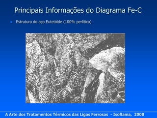 Principais Informações do Diagrama Fe-C
     Estrutura do aço Eutetóide (100% perlítico)




A Arte dos Tratamentos Térmicos das Ligas Ferrosas - Isoflama, 2008
 