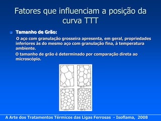Fatores que influenciam a posição da
                   curva TTT
     Tamanho de Grão:
      O aço com granulação grosseira apresenta, em geral, propriedades
      inferiores às do mesmo aço com granulação fina, à temperatura
      ambiente.
      O tamanho de grão é determinado por comparação direta ao
      microscópio.




A Arte dos Tratamentos Térmicos das Ligas Ferrosas - Isoflama, 2008
 