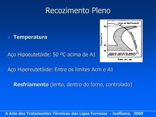 Recozimento Pleno


    Temperatura


 Aço Hipoeutetóide: 50 ºC acima de A1

 Aço Hipereutetóide: Entre os limites Acm e A1

    Resfriamento (lento, dentro do forno, controlado)




A Arte dos Tratamentos Térmicos das Ligas Ferrosas - Isoflama, 2008
 