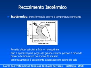 Recozimento Isotérmico
      Isotérmico: transformação ocorre à temperatura constante




      Permite obter estrutura final + homogênea
      Não é aplicável para peças de grande volume porque é difícil de
       baixar a temperatura do núcleo da mesma
      Esse tratamento é geralmente executado em banho de sais

A Arte dos Tratamentos Térmicos das Ligas Ferrosas - Isoflama, 2008
 