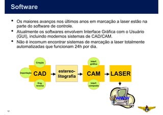 Software

     •   Os maiores avanços nos últimos anos em marcação a laser estão na
         parte do software de controle.
     •   Atualmente os softwares envolvem Interface Gráfica com o Usuário
         (GUI), incluindo modernos sistemas de CAD/CAM.
     •   Não é incomum encontrar sistemas de marcação a laser totalmente
         automatizadas que funcionam 24h por dia.


                                               Interf.
                       Criação
                                               gráfica


                                  estereo-
          Importação
                       CAD       litografia   CAM         LASER
                         Eng.                   Interf.
                       reversa                composta




                                                           www

12
 