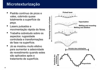 Microtexturização

     •   Padrão contínuo de picos e
         vales, cobrindo quase
         totalmente a superfície da
         peça.
     •   Lasers pulsados e
         movimentação rápida do feixe.
     •   Trabalha sobretudo sobre os
         aspectos: rugosidade
         controlada e transformações
         de fase na superfície.
     •   Já se mostrou muito efetivo
         para aumentar a adesividade
         de revestimento quando estes
         são aplicados após o
         tratamento de superfície.


36
 