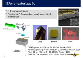 IEAv e texturização

     •   10 years experience                                              Diamond textured
                                                                          and coated dental
     •   “customers”: Aeronautics, metal-mechanical,
                                                                          drill
         biomedical.

                     Iris
                     diaphragm    Scan Head
                                  Unit
CuHBr Laser cavity


                     Focal lent

                                  Specimen


                                                  Drills        Inserts             Dies


                                      • CuHBr green, tp = 30 ns, f = 13 kHz, Pmax = 20W
                 Lasers :             • Nd:YAG green, tp = 80-120 ns, f = 0.1-50 kHz, Pmax = 60W
                                      • Fiber IR, tp= 100 ns, f = 20-50 kHz, Pmax = 20W
                                      • Fiber IR, CW ou pulsed (min. 1 ms), Pmax= 2000 W
39
 