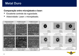 Metal Duro

Comparação entre microjateato e laser:
• Excelente controle da rugosidade.
• Adesividade: Laser ≥ microjateado.




45
 