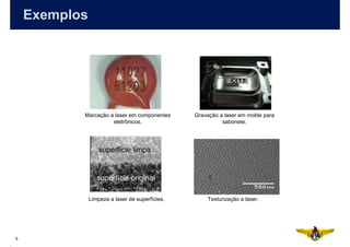 Exemplos




           Marcação a laser em componentes       Gravação a laser em molde para
                     eletrônicos.                          sabonete.




               Limpeza a laser de superfícies.       Texturização a laser.




5
 