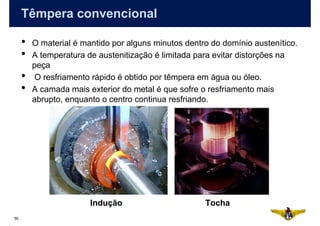 Têmpera convencional

     •   O material é mantido por alguns minutos dentro do domínio austenítico.
     •   A temperatura de austenitização é limitada para evitar distorções na
         peça
     •    O resfriamento rápido é obtido por têmpera em água ou óleo.
     •   A camada mais exterior do metal é que sofre o resfriamento mais
         abrupto, enquanto o centro continua resfriando.




                        Indução                       Tocha
50
 