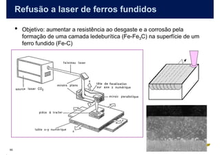 Refusão a laser de ferros fundidos

     •   Objetivo: aumentar a resistência ao desgaste e a corrosão pela
         formação de uma camada ledeburítica (Fe-Fe3C) na superfície de um
         ferro fundido (Fe-C)




65
 