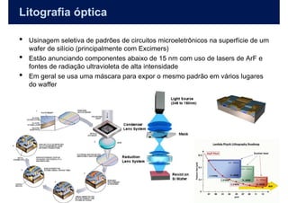 Litografia óptica

     •   Usinagem seletiva de padrões de circuitos microeletrônicos na superfície de um
         wafer de silício (principalmente com Excimers)
     •   Estão anunciando componentes abaixo de 15 nm com uso de lasers de ArF e
         fontes de radiação ultravioleta de alta intensidade
     •   Em geral se usa uma máscara para expor o mesmo padrão em vários lugares
         do waffer




76
 