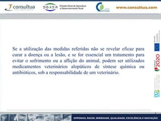 Se a utilização das medidas referidas não se revelar eficaz para
curar a doença ou a lesão, e se for essencial um tratamento para
evitar o sofrimento ou a aflição do animal, podem ser utilizados
medicamentos veterinários alopáticos de síntese química ou
antibióticos, sob a responsabilidade de um veterinário.
 