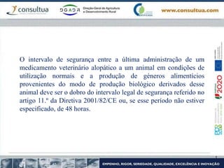 O intervalo de segurança entre a última administração de um
medicamento veterinário alopático a um animal em condições de
utilização normais e a produção de géneros alimentícios
provenientes do modo de produção biológico derivados desse
animal deve ser o dobro do intervalo legal de segurança referido no
artigo 11.º da Diretiva 2001/82/CE ou, se esse período não estiver
especificado, de 48 horas.
 