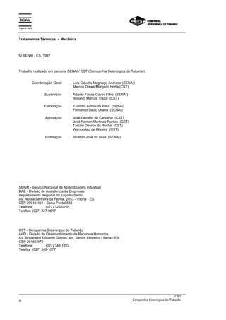 Espírito Santo
___________________________________________________________________________________________________
___________________________________________________________________________________________________
CST
4 Companhia Siderúrgica de Tubarão
Tratamentos Térmicos - Mecânica
© SENAI - ES, 1997
Trabalho realizado em parceria SENAI / CST (Companhia Siderúrgica de Tubarão)
Coordenação Geral
Supervisão
Elaboração
Aprovação
Editoração
Luís Cláudio Magnago Andrade (SENAI)
Marcos Drews Morgado Horta (CST)
Alberto Farias Gavini Filho (SENAI)
Rosalvo Marcos Trazzi (CST)
Evandro Armini de Pauli (SENAI)
Fernando Saulo Uliana (SENAI)
José Geraldo de Carvalho (CST)
José Ramon Martinez Pontes (CST)
Tarcilio Deorce da Rocha (CST)
Wenceslau de Oliveira (CST)
Ricardo José da Silva (SENAI)
SENAI - Serviço Nacional de Aprendizagem Industrial
DAE - Divisão de Assistência às Empresas
Departamento Regional do Espírito Santo
Av. Nossa Senhora da Penha, 2053 - Vitória - ES.
CEP 29045-401 - Caixa Postal 683
Telefone: (027) 325-0255
Telefax: (027) 227-9017
CST - Companhia Siderúrgica de Tubarão
AHD - Divisão de Desenvolvimento de Recursos Humanos
AV. Brigadeiro Eduardo Gomes, s/n, Jardim Limoeiro - Serra - ES.
CEP 29160-972
Telefone: (027) 348-1322
Telefax: (027) 348-1077
 