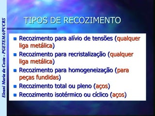 Eleani
Maria
da
Costa
-
PGETEMA/PUCRS
TIPOS DE RECOZIMENTO
 Recozimento para alívio de tensões (qualquer
liga metálica)
 Recozimento para recristalização (qualquer
liga metálica)
 Recozimento para homogeneização (para
peças fundidas)
 Recozimento total ou pleno (aços)
 Recozimento isotérmico ou cíclico (aços)
 