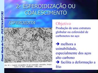 Eleani
Maria
da
Costa
-
PGETEMA/PUCRS
2- ESFEROIDIZAÇÃO OU
COALESCIMENTO
ESFEROIDITA Objetivo
Produção de uma estrutura
globular ou esferoidal de
carbonetos no aço
 melhora a
usinabilidade,
especialmente dos aços
alto carbono
 facilita a deformação a
frio
 
