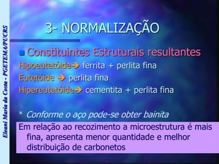 Eleani
Maria
da
Costa
-
PGETEMA/PUCRS
3- NORMALIZAÇÃO
 Constituintes Estruturais resultantes
Hipoeutetóide ferrita + perlita fina
Eutetóide  perlita fina
Hipereutetóide cementita + perlita fina
* Conforme o aço pode-se obter bainita
Em relação ao recozimento a microestrutura é mais
fina, apresenta menor quantidade e melhor
distribuição de carbonetos
 