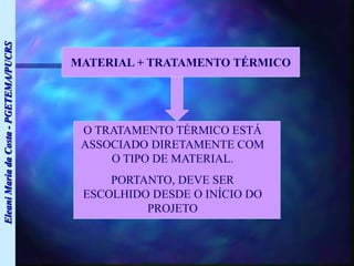 Eleani
Maria
da
Costa
-
PGETEMA/PUCRS
MATERIAL + TRATAMENTO TÉRMICO
O TRATAMENTO TÉRMICO ESTÁ
ASSOCIADO DIRETAMENTE COM
O TIPO DE MATERIAL.
PORTANTO, DEVE SER
ESCOLHIDO DESDE O INÍCIO DO
PROJETO
 