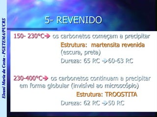 Eleani
Maria
da
Costa
-
PGETEMA/PUCRS
5- REVENIDO
150- 230°C os carbonetos começam a precipitar
Estrutura: martensita revenida
(escura, preta)
Dureza: 65 RC 60-63 RC
230-400°C os carbonetos continuam a precipitar
em forma globular (invisível ao microscópio)
Estrutura: TROOSTITA
Dureza: 62 RC 50 RC
 