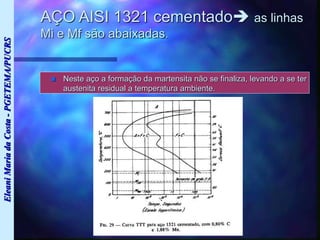 Eleani
Maria
da
Costa
-
PGETEMA/PUCRS
AÇO AISI 1321 cementado as linhas
Mi e Mf são abaixadas.
 Neste aço a formação da martensita não se finaliza, levando a se ter
austenita residual a temperatura ambiente.
 