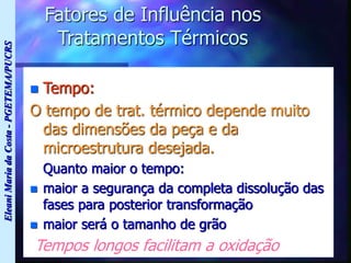 Eleani
Maria
da
Costa
-
PGETEMA/PUCRS
Fatores de Influência nos
Tratamentos Térmicos
 Tempo:
O tempo de trat. térmico depende muito
das dimensões da peça e da
microestrutura desejada.
Quanto maior o tempo:
 maior a segurança da completa dissolução das
fases para posterior transformação
 maior será o tamanho de grão
Tempos longos facilitam a oxidação
 