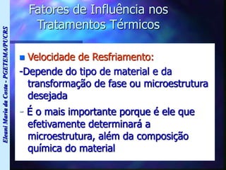 Eleani
Maria
da
Costa
-
PGETEMA/PUCRS
Fatores de Influência nos
Tratamentos Térmicos
 Velocidade de Resfriamento:
-Depende do tipo de material e da
transformação de fase ou microestrutura
desejada
- É o mais importante porque é ele que
efetivamente determinará a
microestrutura, além da composição
química do material
 