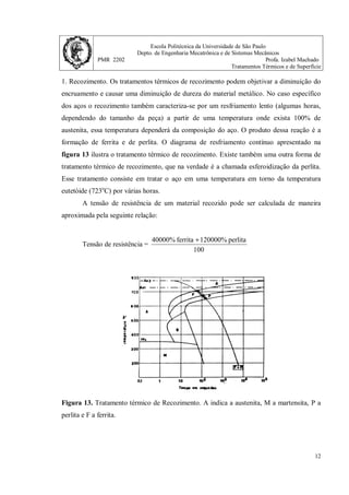 Escola Politécnica da Universidade de São Paulo
Depto. de Engenharia Mecatrônica e de Sistemas Mecânicos
PMR 2202 Profa. Izabel Machado
Tratamentos Térmicos e de Superfície
12
1. Recozimento. Os tratamentos térmicos de recozimento podem objetivar a diminuição do
encruamento e causar uma diminuição de dureza do material metálico. No caso específico
dos aços o recozimento também caracteriza-se por um resfriamento lento (algumas horas,
dependendo do tamanho da peça) a partir de uma temperatura onde exista 100% de
austenita, essa temperatura dependerá da composição do aço. O produto dessa reação é a
formação de ferrita e de perlita. O diagrama de resfriamento contínuo apresentado na
figura 13 ilustra o tratamento térmico de recozimento. Existe também uma outra forma de
tratamento térmico de recozimento, que na verdade é a chamada esferoidização da perlita.
Esse tratamento consiste em tratar o aço em uma temperatura em torno da temperatura
eutetóide (723o
C) por várias horas.
A tensão de resistência de um material recozido pode ser calculada de maneira
aproximada pela seguinte relação:
Tensão de resistência =
100
perlita
120000%
ferrita
40000% +
Figura 13. Tratamento térmico de Recozimento. A indica a austenita, M a martensita, P a
perlita e F a ferrita.
 