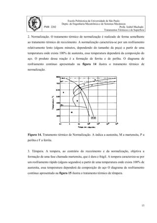 Escola Politécnica da Universidade de São Paulo
Depto. de Engenharia Mecatrônica e de Sistemas Mecânicos
PMR 2202 Profa. Izabel Machado
Tratamentos Térmicos e de Superfície
13
2. Normalização. O tratamento térmico de normalização é realizado de forma semelhante
ao tratamento térmico de recozimento. A normalização caracteriza-se por um resfriamento
relativamente lento (alguns minutos, dependendo do tamanho da peça) a partir de uma
temperatura onde exista 100% de austenita, essa temperatura dependerá da composição do
aço. O produto dessa reação é a formação de ferrita e de perlita. O diagrama de
resfriamento contínuo apresentado na figura 14 ilustra o tratamento térmico de
normalização.
Figura 14. Tratamento térmico de Normalização. A indica a austenita, M a martensita, P a
perlita e F a ferrita.
3. Têmpera. A tempera, ao contrário do recozimento e da normalização, objetiva a
formação de uma fase chamada martensita, que é dura e frágil. A tempera caracteriza-se por
um resfriamento rápido (alguns segundos) a partir de uma temperatura onde exista 100% de
austenita, essa temperatura dependerá da composição do aço O diagrama de resfriamento
contínuo apresentado na figura 15 ilustra o tratamento térmico de têmpera.
 