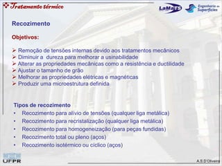 A.S.D’Oliveira
Tratamentotérmico
Recozimento
Objetivos:
 Remoção de tensões internas devido aos tratamentos mecânicos
 Diminuir a dureza para melhorar a usinabilidade
 Alterar as propriedades mecânicas como a resistência e ductilidade
 Ajustar o tamanho de grão
 Melhorar as propriedades elétricas e magnéticas
 Produzir uma microestrutura definida
Tipos de recozimento
• Recozimento para alívio de tensões (qualquer liga metálica)
• Recozimento para recristalização (qualquer liga metálica)
• Recozimento para homogeneização (para peças fundidas)
• Recozimento total ou pleno (aços)
• Recozimento isotérmico ou cíclico (aços)
 