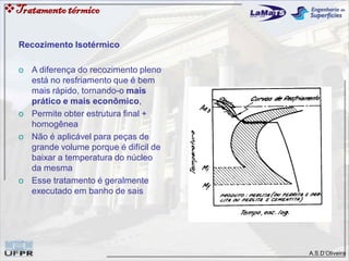 A.S.D’Oliveira
Recozimento Isotérmico
o A diferença do recozimento pleno
está no resfriamento que é bem
mais rápido, tornando-o mais
prático e mais econômico,
o Permite obter estrutura final +
homogênea
o Não é aplicável para peças de
grande volume porque é difícil de
baixar a temperatura do núcleo
da mesma
o Esse tratamento é geralmente
executado em banho de sais
Tratamentotérmico
 