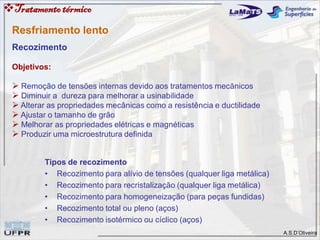 A.S.D’Oliveira
Tratamentotérmico
Resfriamento lento
Recozimento
Objetivos:
 Remoção de tensões internas devido aos tratamentos mecânicos
 Diminuir a dureza para melhorar a usinabilidade
 Alterar as propriedades mecânicas como a resistência e ductilidade
 Ajustar o tamanho de grão
 Melhorar as propriedades elétricas e magnéticas
 Produzir uma microestrutura definida
Tipos de recozimento
• Recozimento para alívio de tensões (qualquer liga metálica)
• Recozimento para recristalização (qualquer liga metálica)
• Recozimento para homogeneização (para peças fundidas)
• Recozimento total ou pleno (aços)
• Recozimento isotérmico ou cíclico (aços)
 
