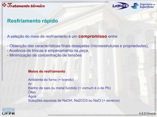 A.S.D’Oliveira
Meios de resfriamento
Ambiente do forno (+ brando)
Ar
Banho de sais ou metal fundido (+ comum é o de Pb)
Óleo
Água
Soluções aquosas de NaOH, Na2CO3 ou NaCl (+ severos)
A seleção do meio de resfriamento é um compromisso entre:
- Obtenção das características finais desejadas (microestruturas e propriedades),
- Ausência de trincas e empenamento na peça,
- Minimização de concentração de tensões
Resfriamento rápido
Tratamentotérmico
 