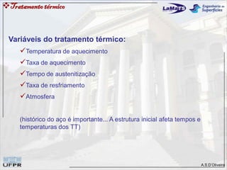 A.S.D’Oliveira
Tratamentotérmico
Variáveis do tratamento térmico:
Temperatura de aquecimento
Taxa de aquecimento
Tempo de austenitização
Taxa de resfriamento
Atmosfera
(histórico do aço é importante... A estrutura inicial afeta tempos e
temperaturas dos TT)
 