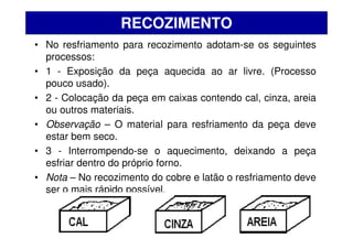 • No resfriamento para recozimento adotam-se os seguintes
processos:
• 1 - Exposição da peça aquecida ao ar livre. (Processo
pouco usado).
• 2 - Colocação da peça em caixas contendo cal, cinza, areia
ou outros materiais.
• Observação – O material para resfriamento da peça deve
estar bem seco.
• 3 - Interrompendo-se o aquecimento, deixando a peça
esfriar dentro do próprio forno.
• Nota – No recozimento do cobre e latão o resfriamento deve
ser o mais rápido possível.
RECOZIMENTO
 