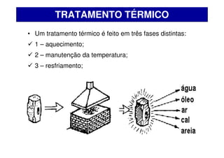 • Um tratamento térmico é feito em três fases distintas:
 1 – aquecimento;
 2 – manutenção da temperatura;
 3 – resfriamento;
TRATAMENTO TÉRMICO
 