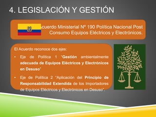 4. LEGISLACIÓN Y GESTIÓN
Acuerdo Ministerial Nº 190 Política Nacional Post
Consumo Equipos Eléctricos y Electrónicos.
El Acuerdo reconoce dos ejes:
• Eje de Política 1 “Gestión ambientalmente
adecuada de Equipos Eléctricos y Electrónicos
en Desuso”
• Eje de Política 2 “Aplicación del Principio de
Responsabilidad Extendida de los Importadores
de Equipos Eléctricos y Electrónicos en Desuso”.
 